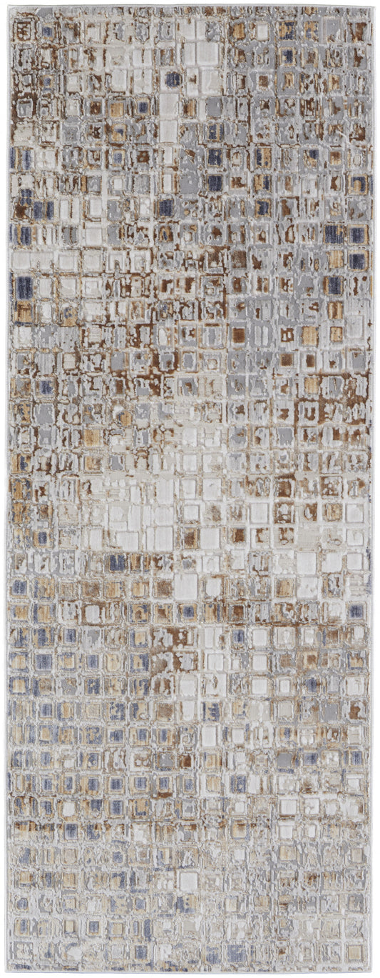 8' X 10' Tan Ivory And Blue Geometric Power Loom Distressed Area Rug