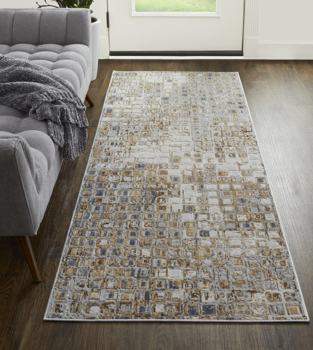 8' X 10' Tan Ivory And Blue Geometric Power Loom Distressed Area Rug