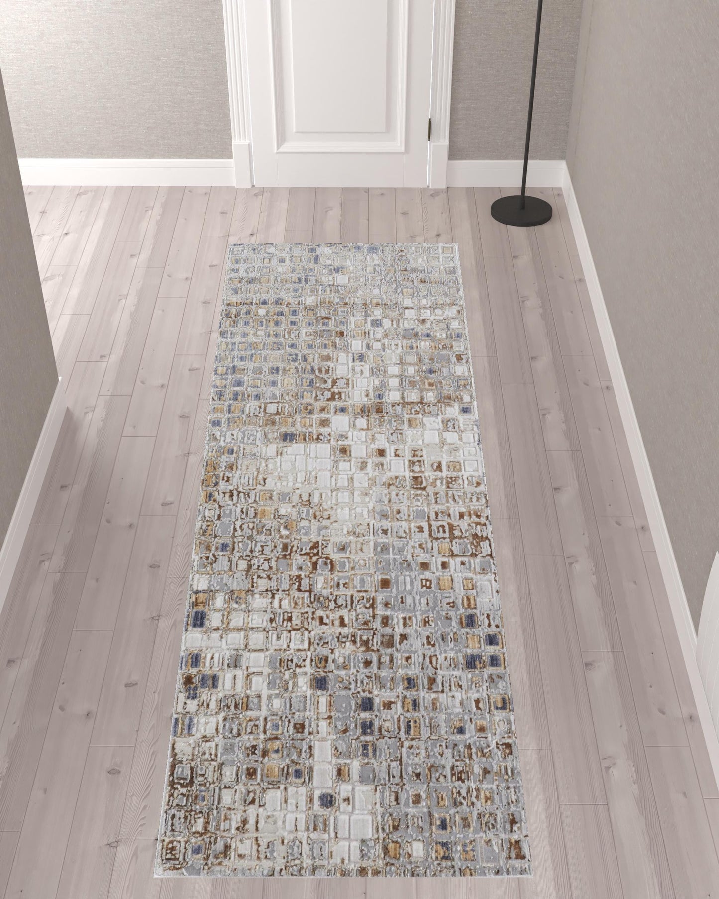 8' X 10' Tan Ivory And Blue Geometric Power Loom Distressed Area Rug