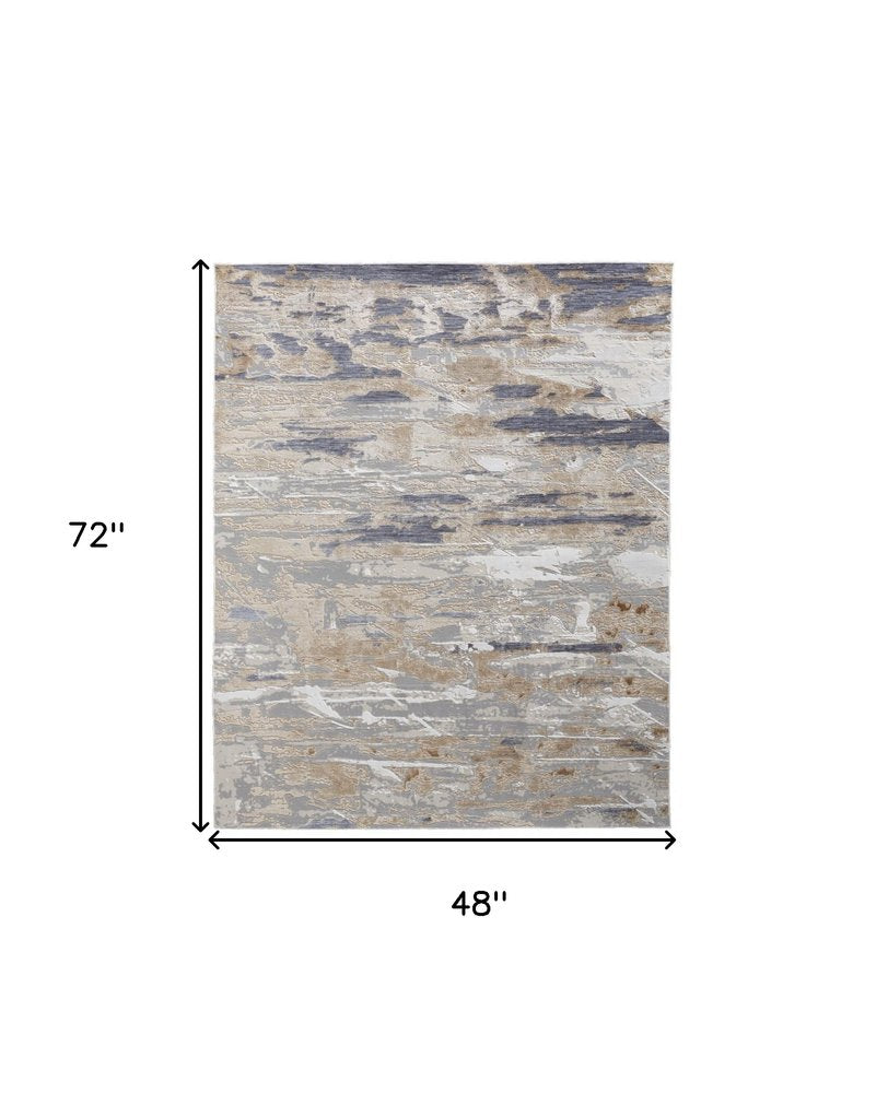 5' X 8' Tan Ivory And Blue Abstract Distressed Area Rug
