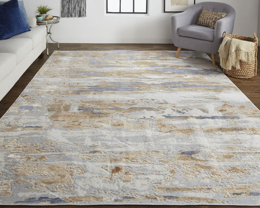 4' X 6' Tan Ivory And Blue Abstract Distressed Area Rug