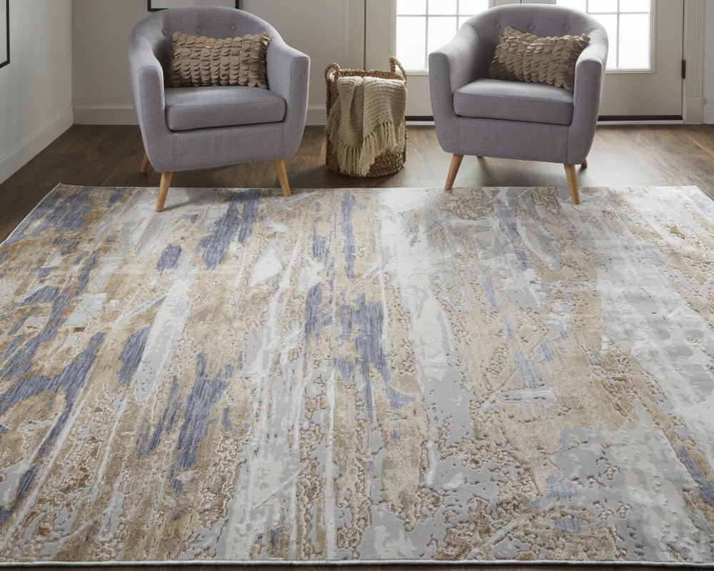 5' X 8' Tan Ivory And Blue Abstract Distressed Area Rug
