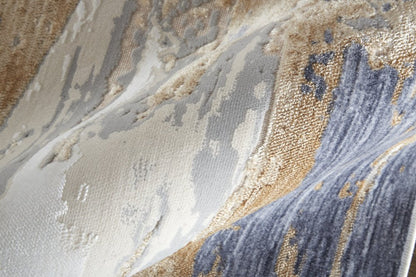 4' X 6' Tan Ivory And Blue Abstract Distressed Area Rug