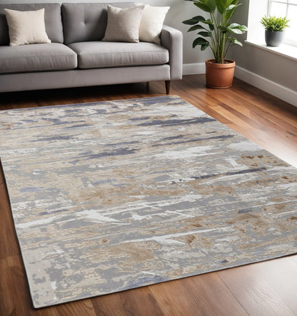 12' Ivory Gray And Tan Abstract Distressed Runner Rug