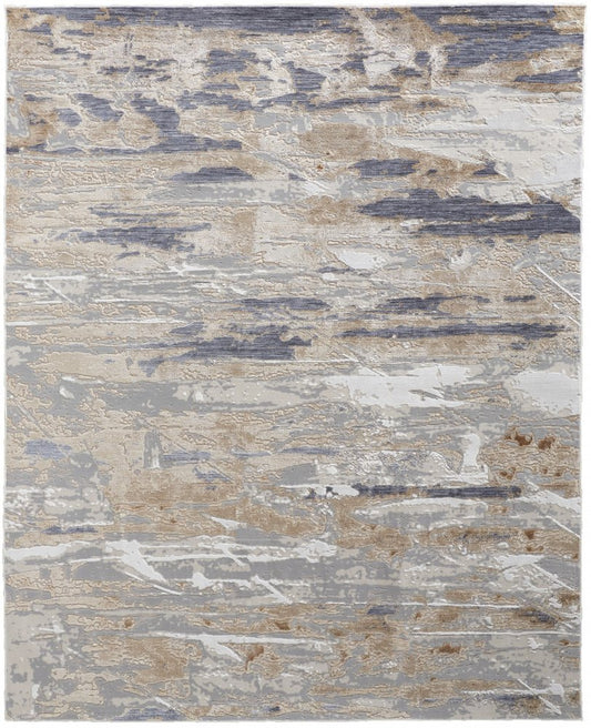 5' X 8' Tan Ivory And Blue Abstract Distressed Area Rug