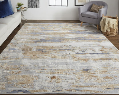 5' X 8' Tan Ivory And Blue Abstract Distressed Area Rug