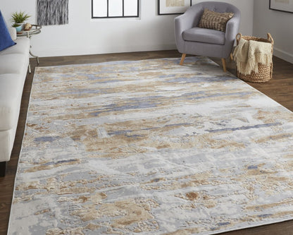 5' X 8' Tan Ivory And Blue Abstract Distressed Area Rug