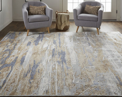 5' X 8' Tan Ivory And Blue Abstract Distressed Area Rug