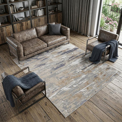 8' X 10' Tan Ivory And Blue Abstract Distressed Area Rug