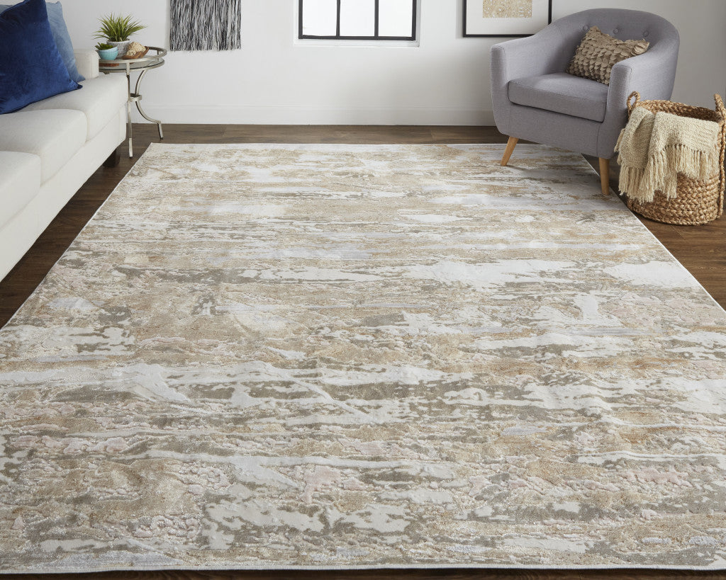 5' X 8' Tan Orange And Ivory Abstract Power Loom Distressed Area Rug