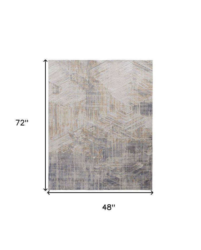4' X 6' Ivory Gray And Tan Abstract Distressed Area Rug