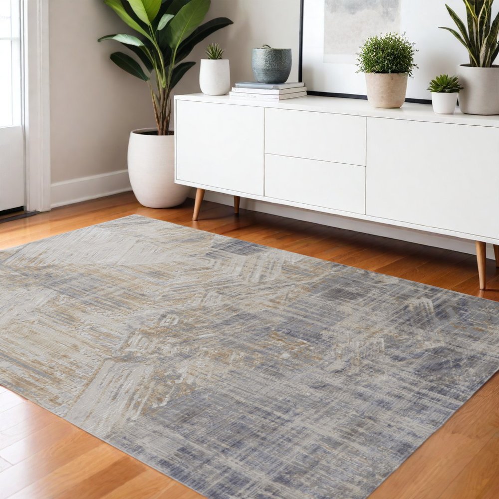 8' X 10' Ivory Gray And Tan Abstract Distressed Area Rug