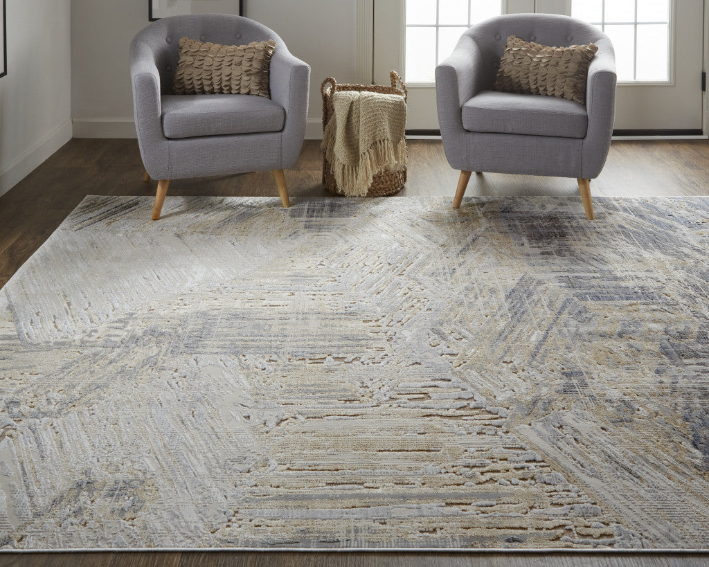 10' Tan Ivory And Gray Abstract Power Loom Distressed Runner Rug