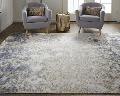 5' X 8' Ivory Tan And Blue Abstract Distressed Area Rug