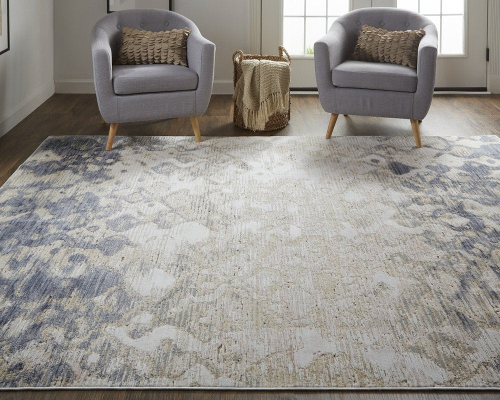 8' X 10' Ivory Tan And Blue Abstract Distressed Area Rug