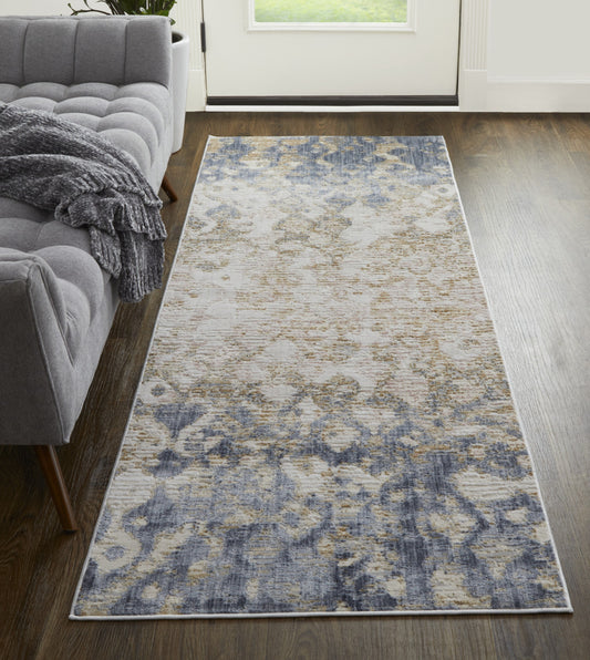 4' X 6' Tan Ivory And Blue Abstract Power Loom Distressed Area Rug