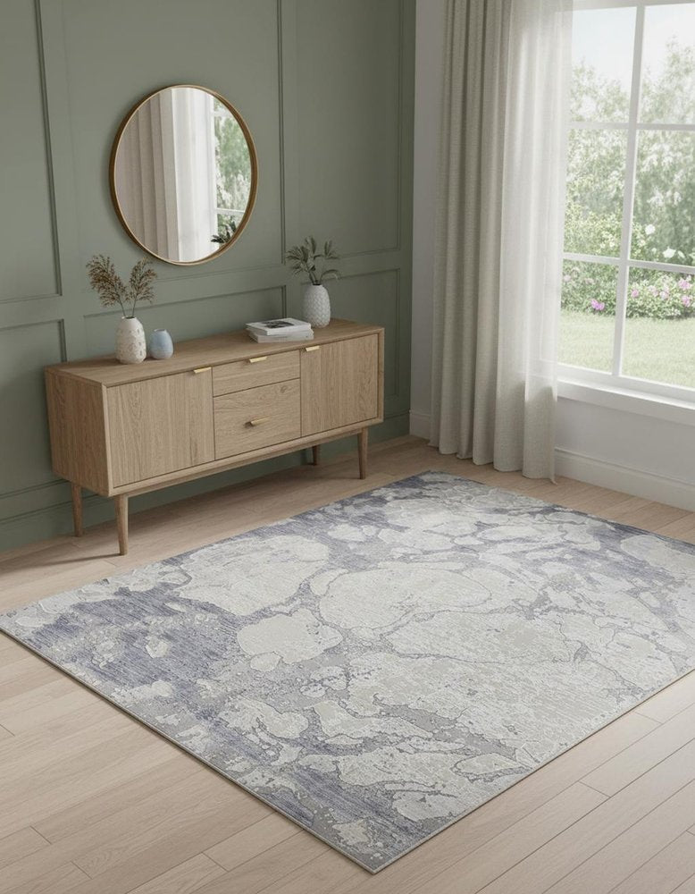 4' X 6' Ivory And Blue Abstract Power Loom Distressed Area Rug