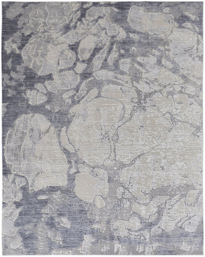 8' Ivory And Blue Abstract Power Loom Distressed Runner Rug