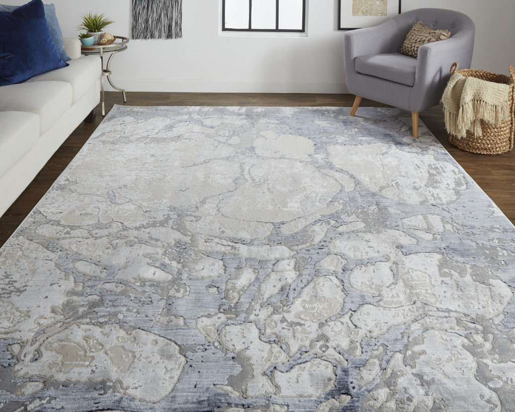 8' X 10' Ivory And Blue Abstract Power Loom Distressed Area Rug