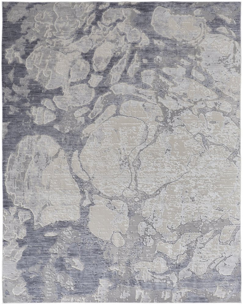8' Ivory And Blue Abstract Power Loom Distressed Runner Rug