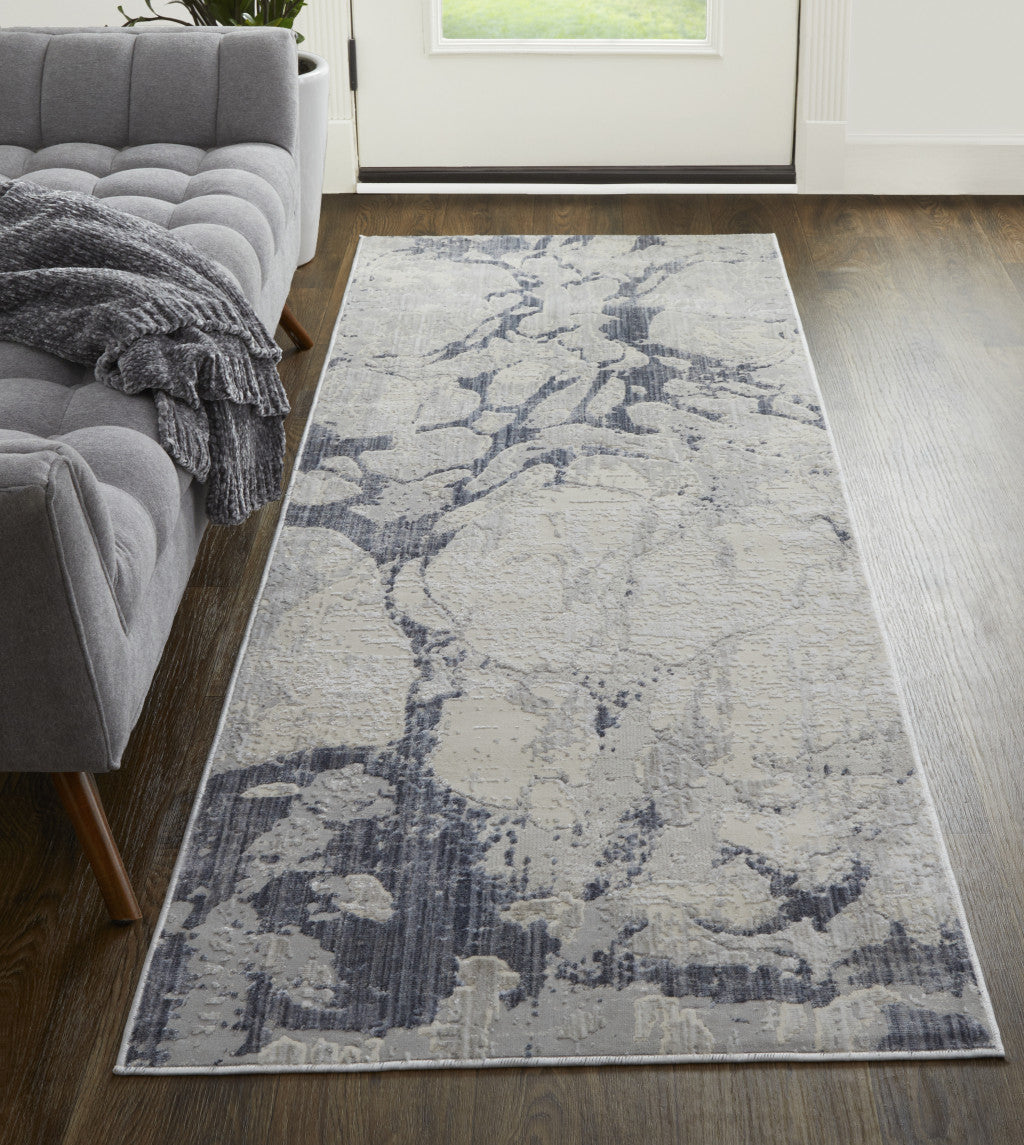 8' X 10' Ivory And Blue Abstract Power Loom Distressed Area Rug