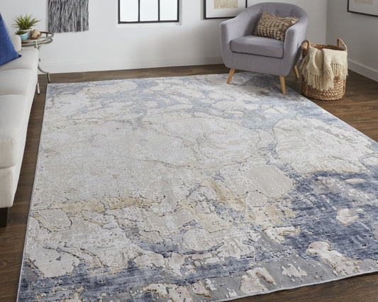8' X 10' Tan And Blue Abstract Power Loom Distressed Area Rug