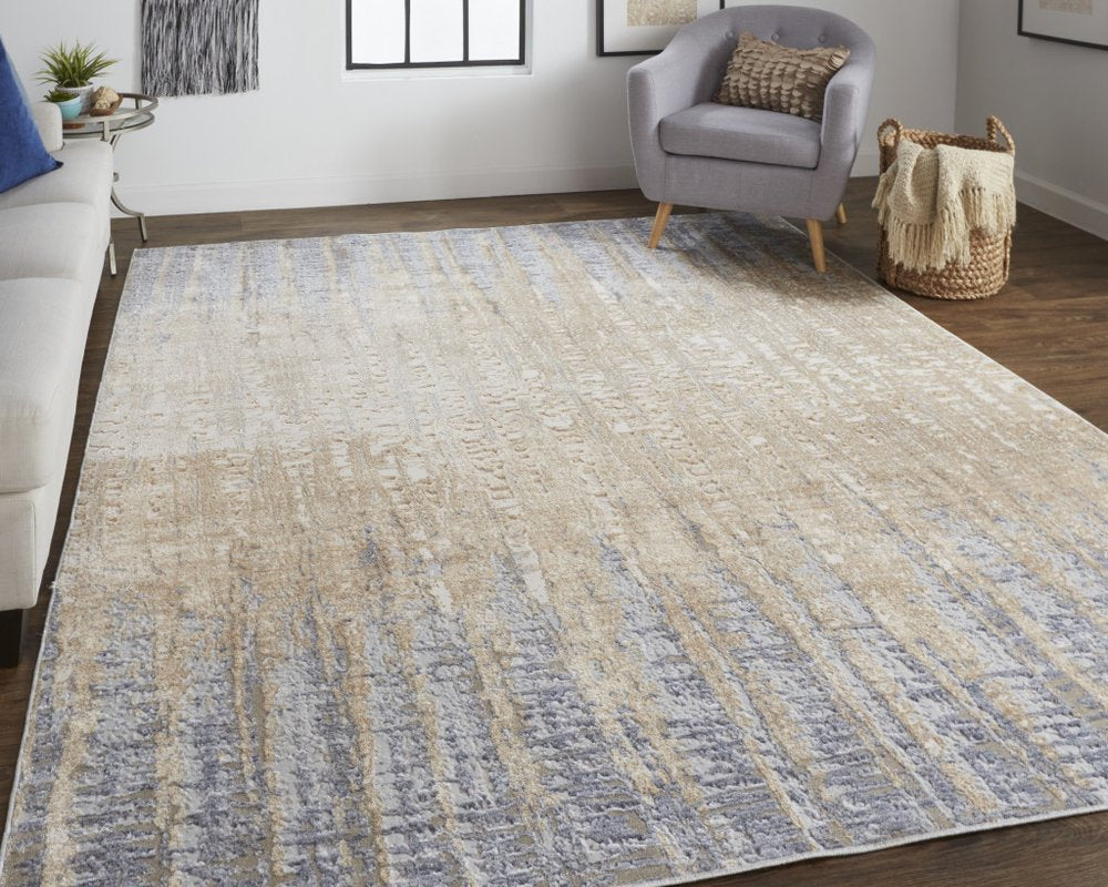 10' Tan And Blue Abstract Distressed Runner Rug