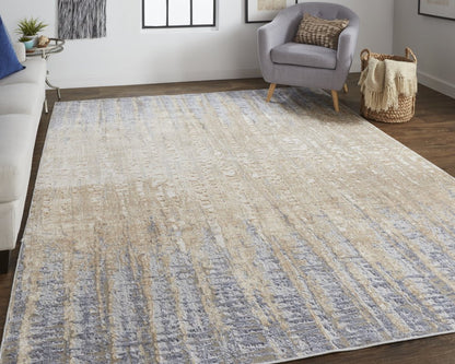 10' Tan And Blue Abstract Distressed Runner Rug