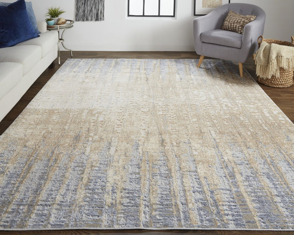 10' Tan And Blue Abstract Distressed Runner Rug