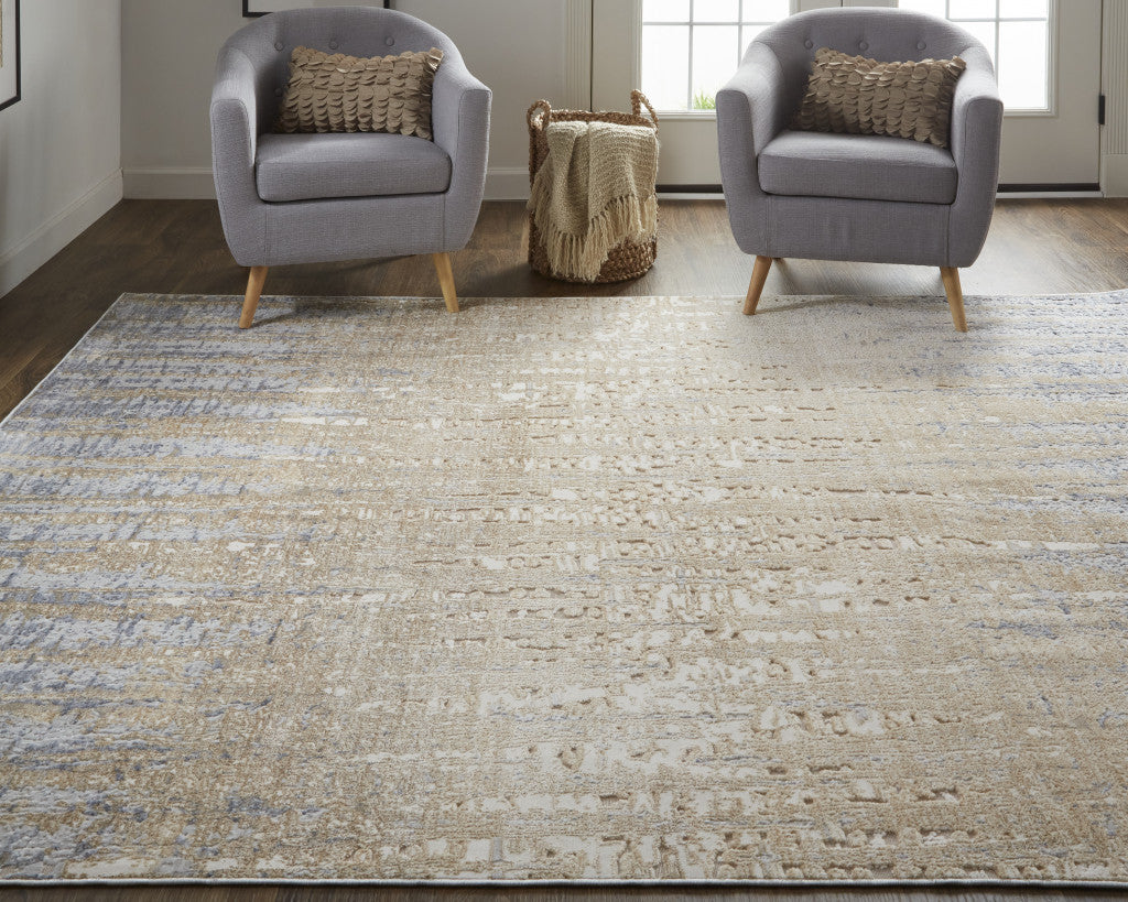 8' X 10' Tan Brown And Blue Abstract Power Loom Distressed Area Rug