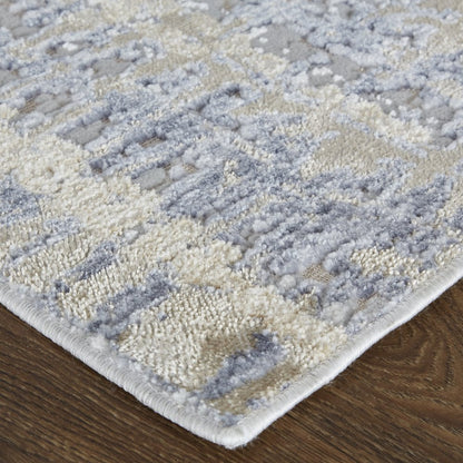 10' Tan And Blue Abstract Distressed Runner Rug