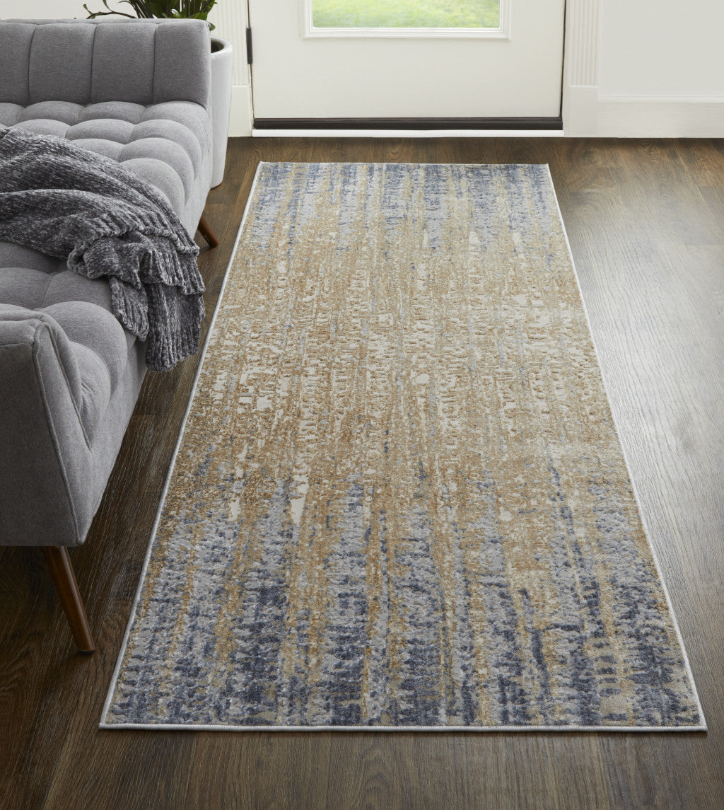 8' X 10' Tan Brown And Blue Abstract Power Loom Distressed Area Rug