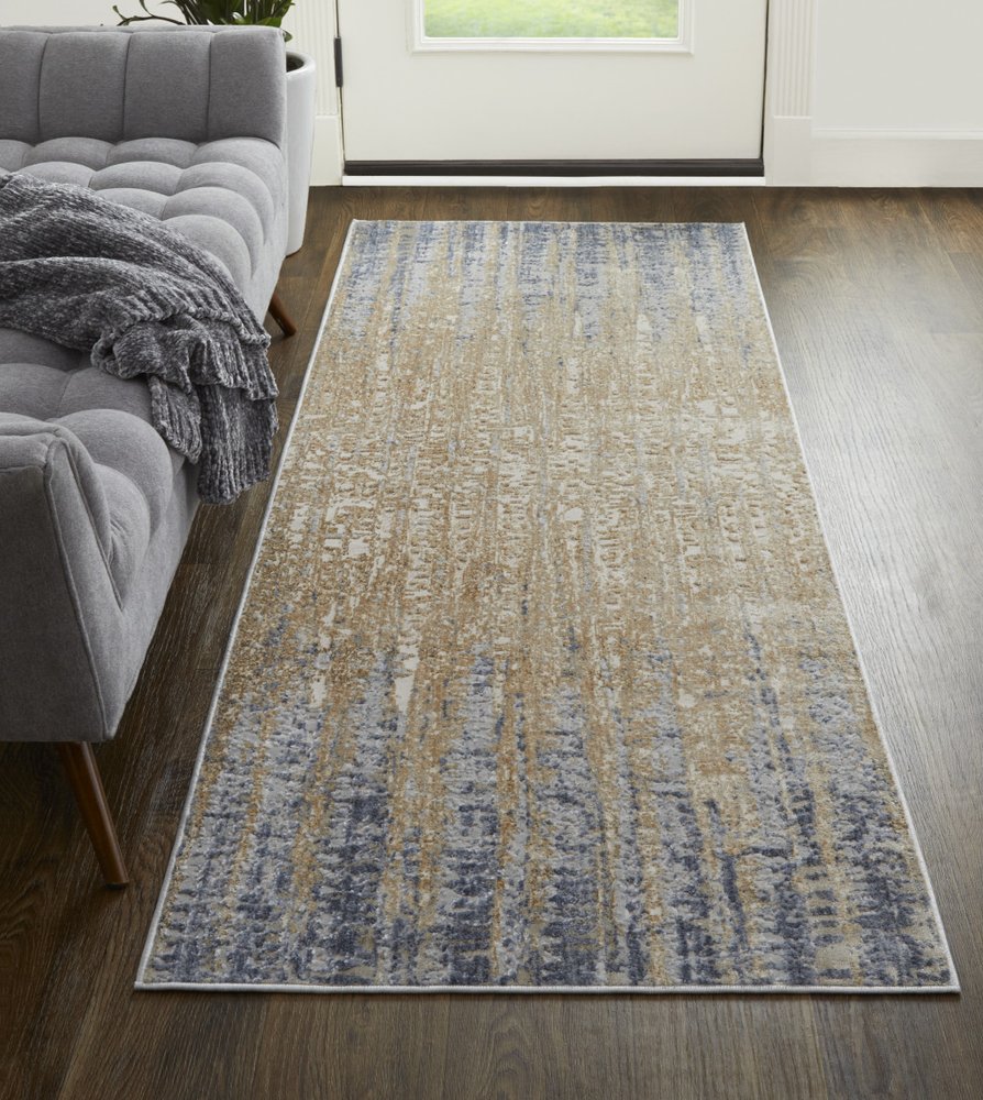 5' X 8' Tan And Blue Abstract Distressed Area Rug