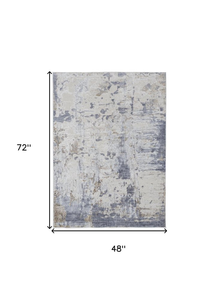 4' X 6' Ivory Gray And Blue Abstract Distressed Area Rug