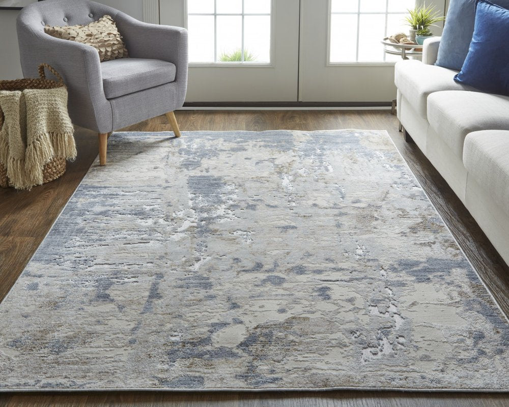4' X 6' Ivory Gray And Blue Abstract Distressed Area Rug