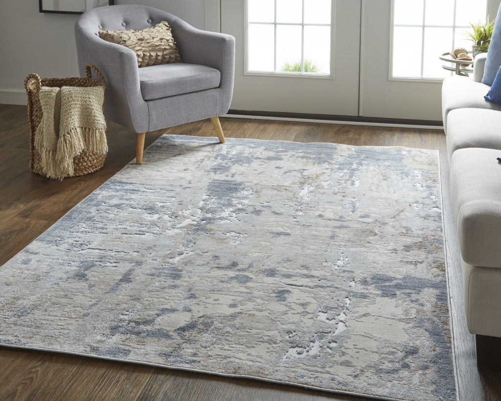 4' X 6' Ivory Gray And Blue Abstract Power Loom Distressed Area Rug