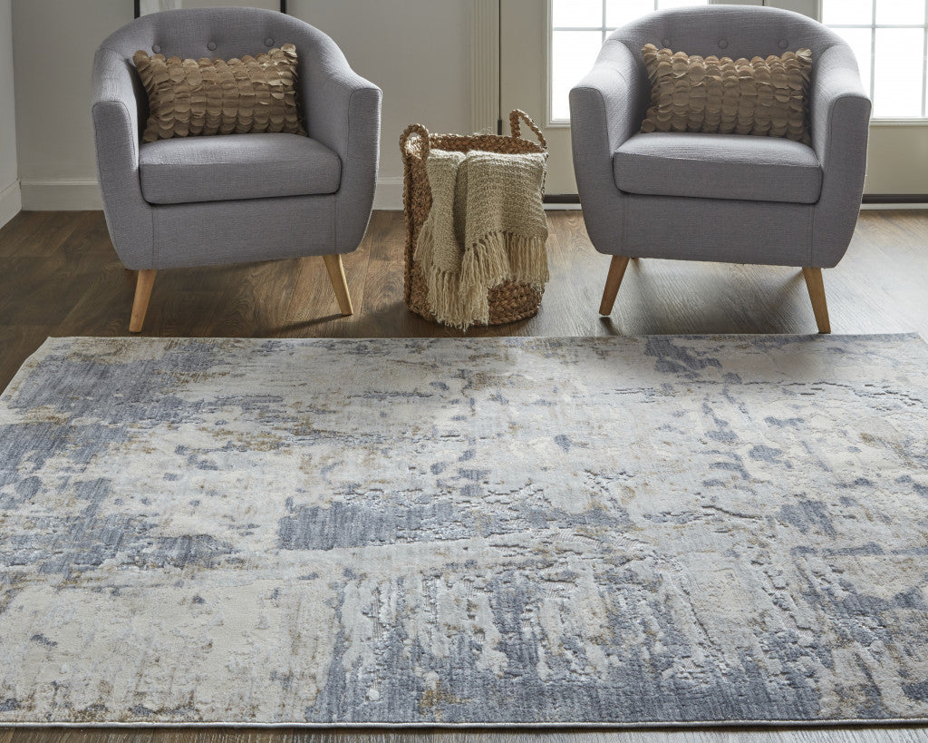 4' X 6' Ivory Gray And Blue Abstract Power Loom Distressed Area Rug