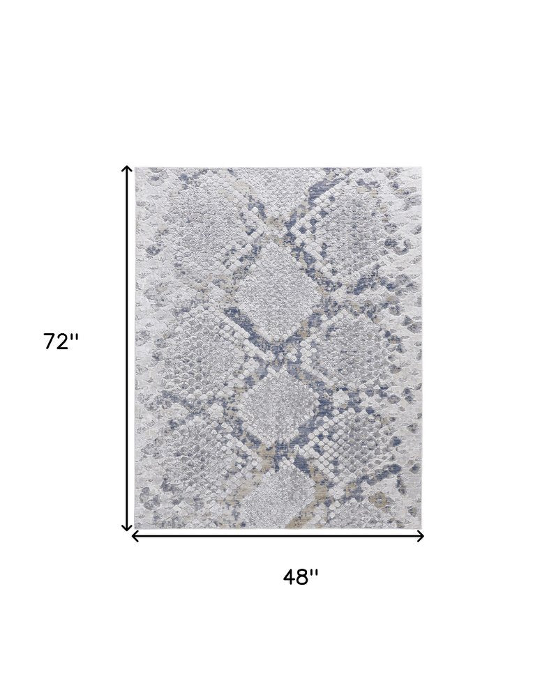 4' X 6' Gray Silver And Blue Geometric Distressed Area Rug