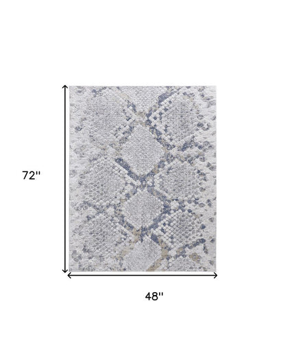 4' X 6' Gray Silver And Blue Geometric Distressed Area Rug