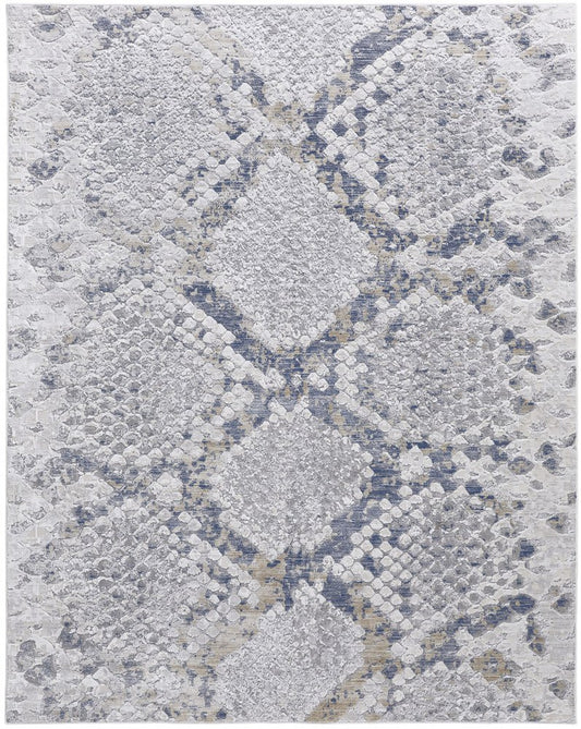 4' X 6' Gray Silver And Blue Geometric Distressed Area Rug