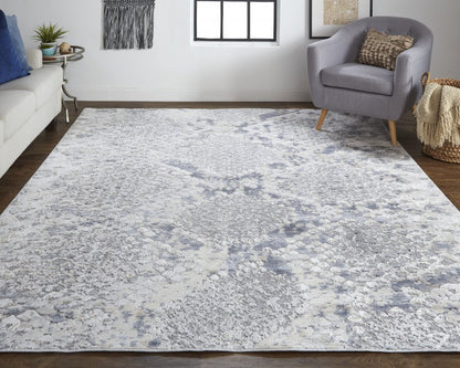 4' X 6' Gray Silver And Blue Geometric Distressed Area Rug