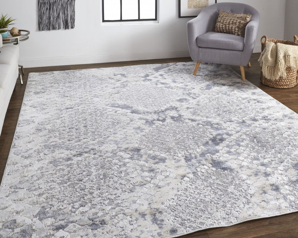 4' X 6' Gray Silver And Blue Geometric Distressed Area Rug