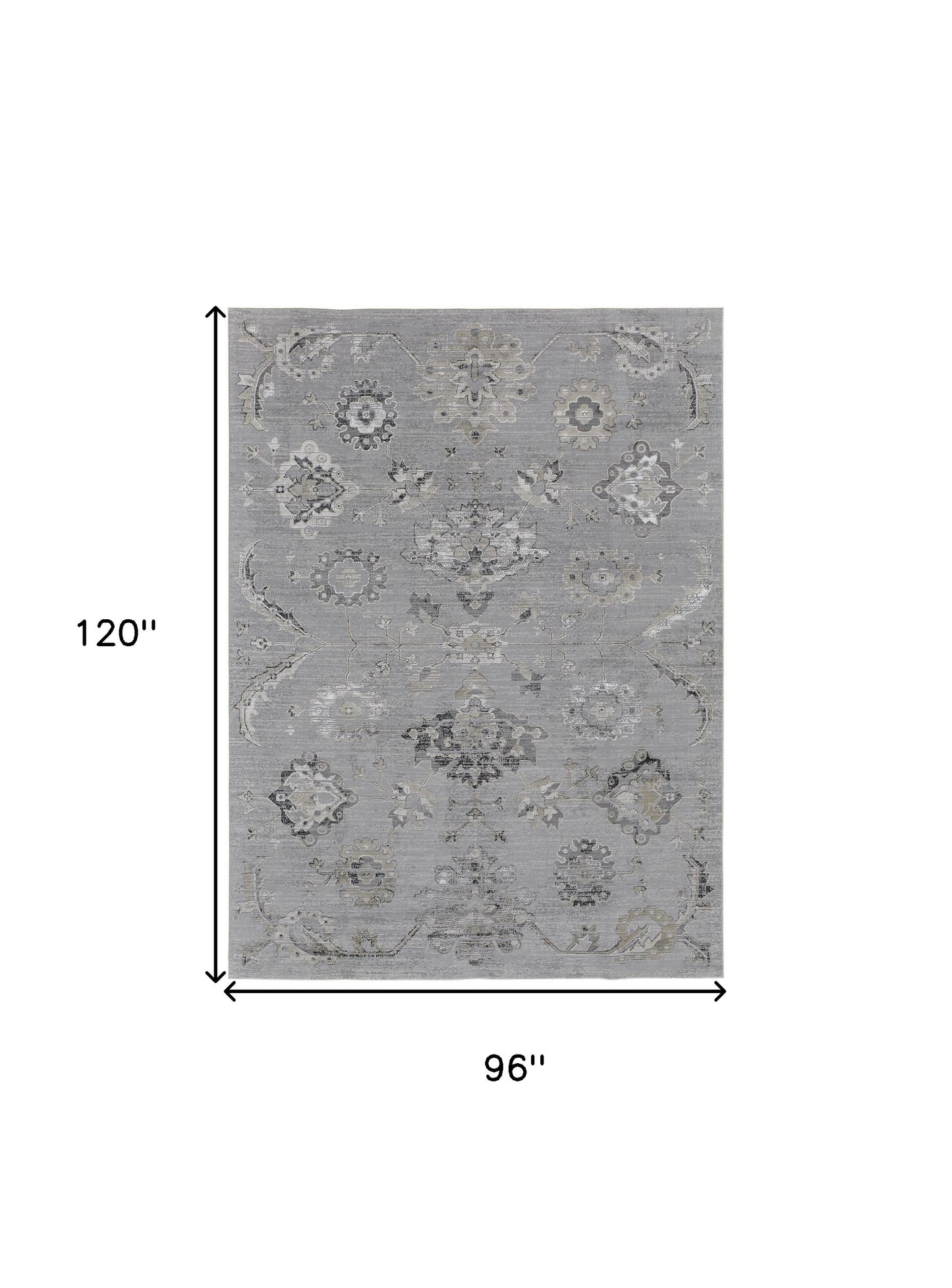 5' X 8' Silver And Black Floral Power Loom Distressed Area Rug
