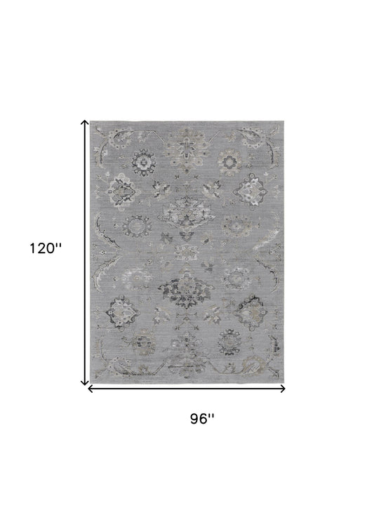 5' X 8' Silver And Black Floral Power Loom Distressed Area Rug