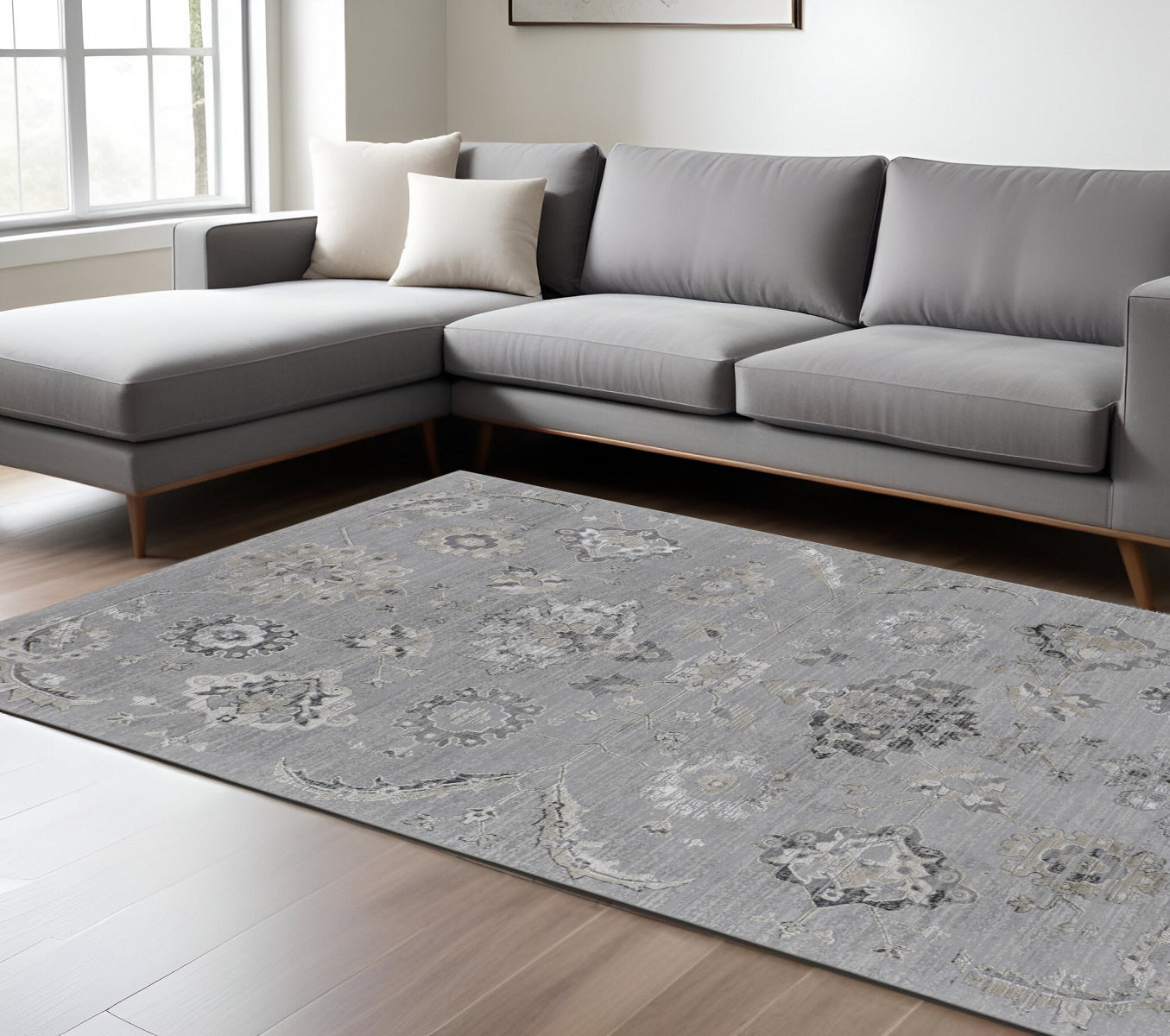 5' X 8' Silver And Black Floral Power Loom Distressed Area Rug