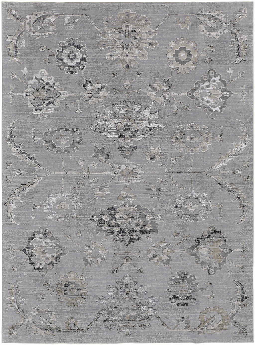 5' X 8' Silver And Black Floral Power Loom Distressed Area Rug