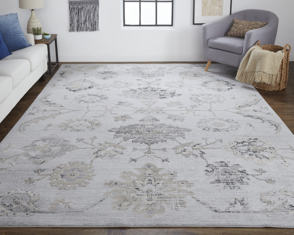 5' X 8' Silver And Black Floral Power Loom Distressed Area Rug