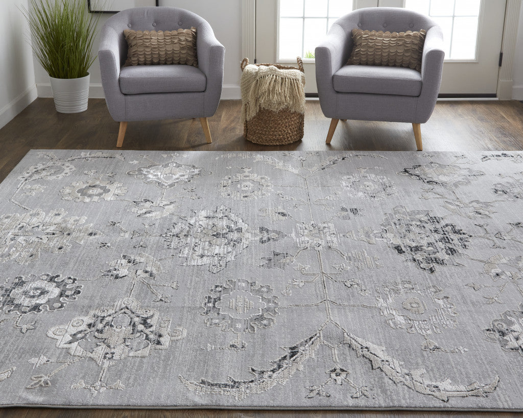 5' X 8' Silver And Black Floral Power Loom Distressed Area Rug