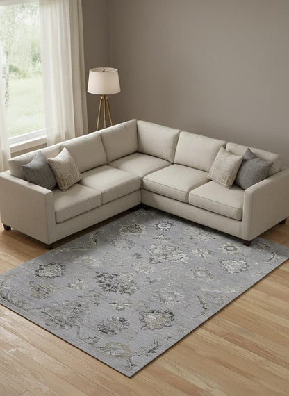 10' X 13' Silver And Black Floral Power Loom Distressed Area Rug