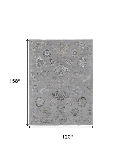 10' X 13' Silver And Black Floral Power Loom Distressed Area Rug